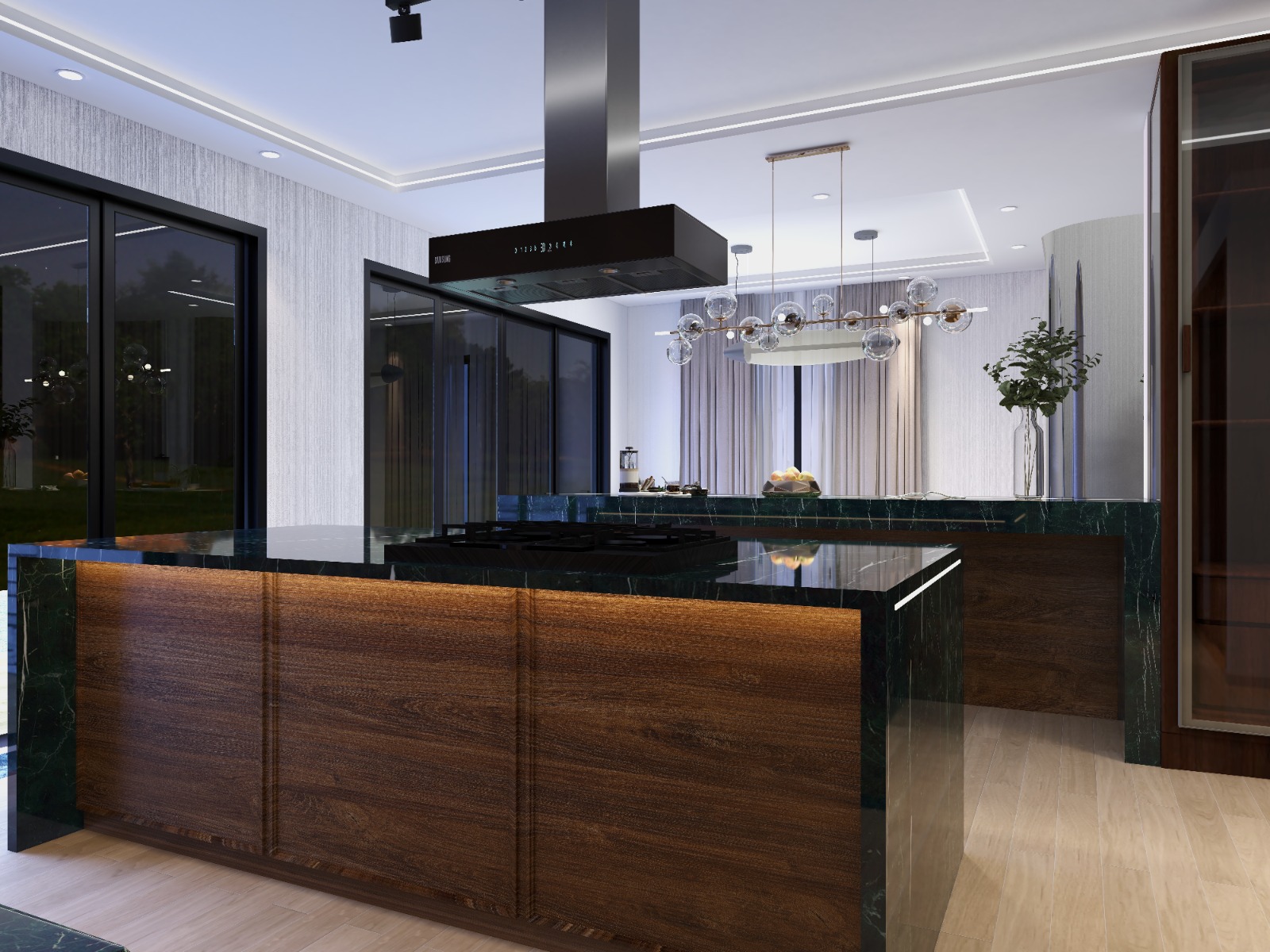 Cooking station island with flush gas cooktop and stainless steel ventilation