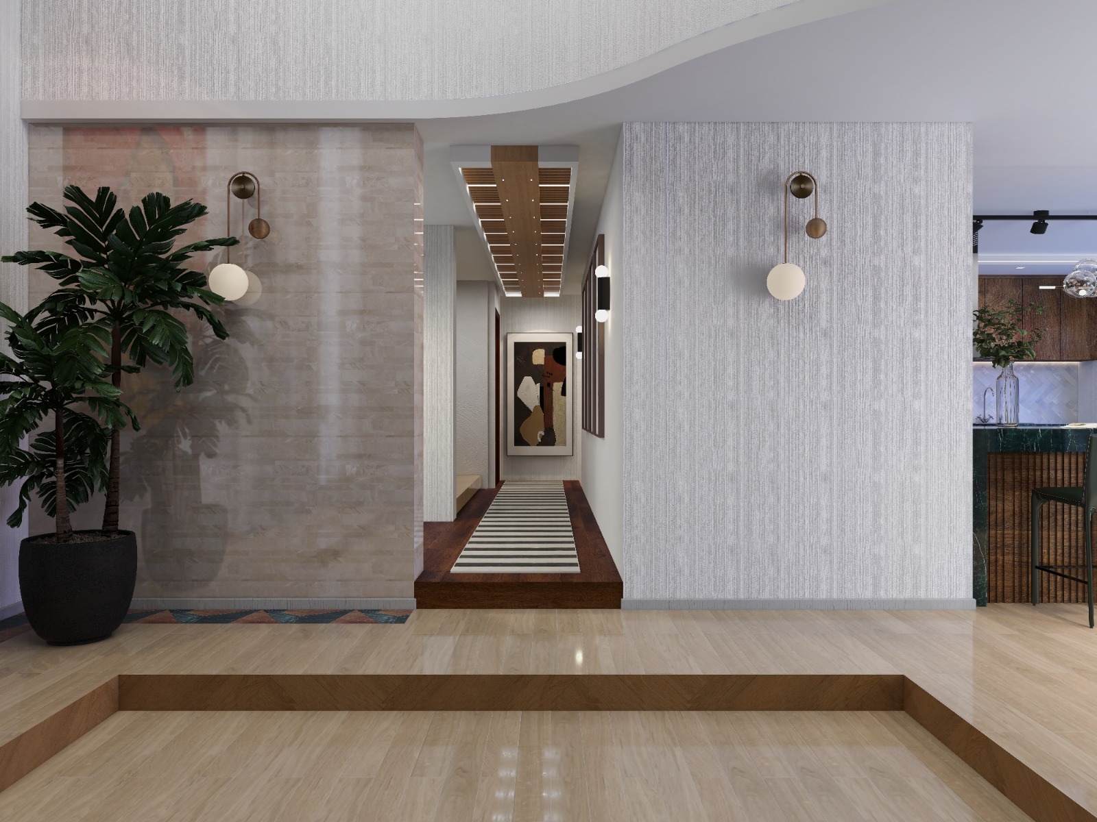 Foyer entrance gallery with slatted timber ceiling and globe wall sconces