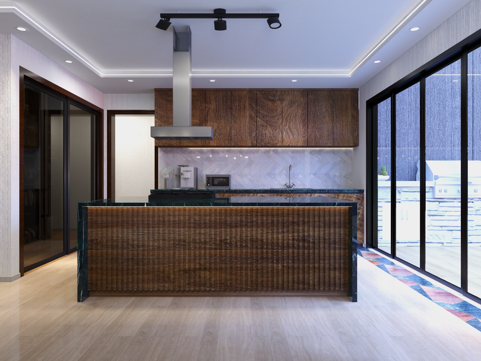 Fluted walnut timber kitchen island front with concealed LED strip lighting