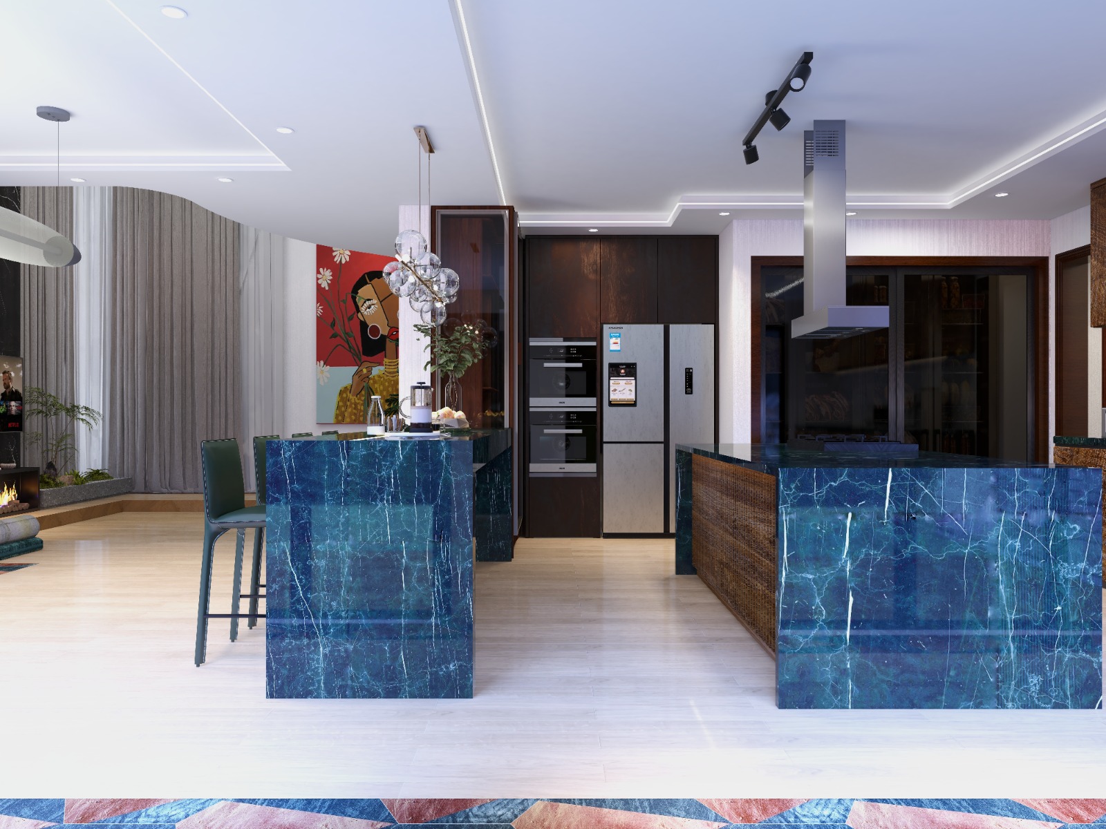Breakfast bar with tailored barstools and African statement art