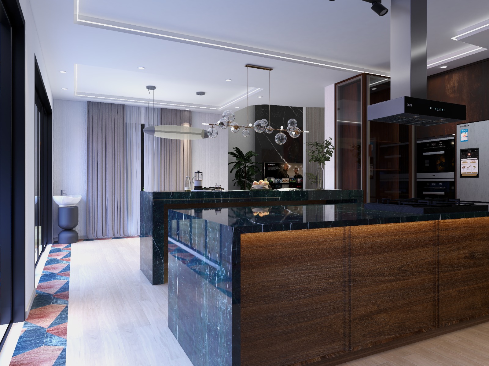 Twin emerald marble waterfall kitchen islands with designer bubble chandelier