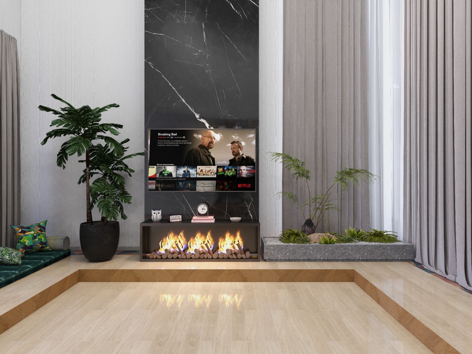 Modern luxury residential interior featuring sunken lounge and fireplace in Ruiru
