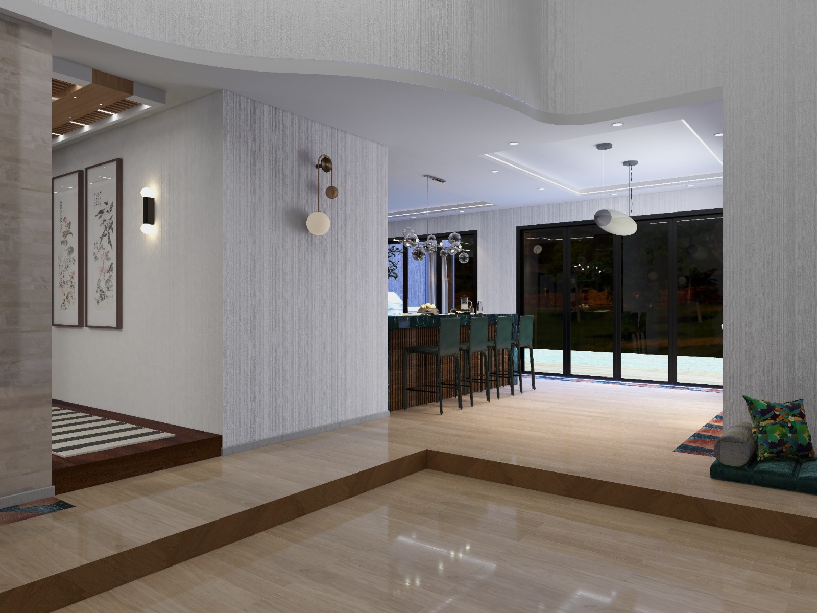 Panoramic view of the sunken conversation lounge and open-concept kitchen