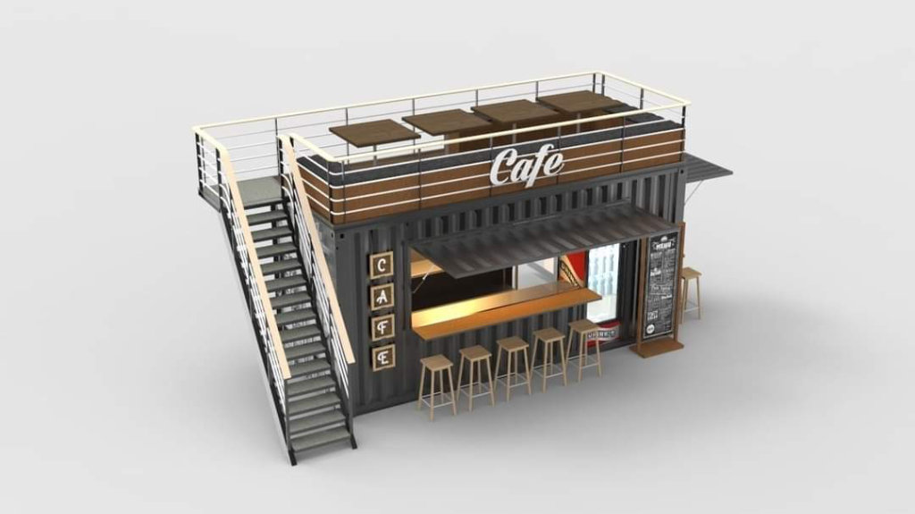 Proposed shipping container cafe 3D aerial view showing upper rooftop seating terrace and external stairs