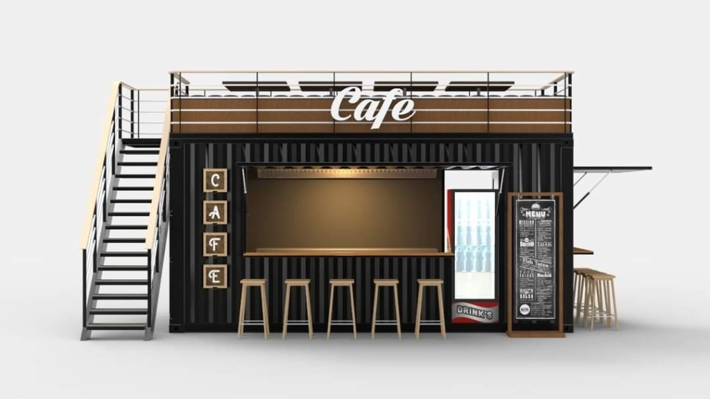 Proposed shipping container cafe front elevation with walk-up bar and custom features