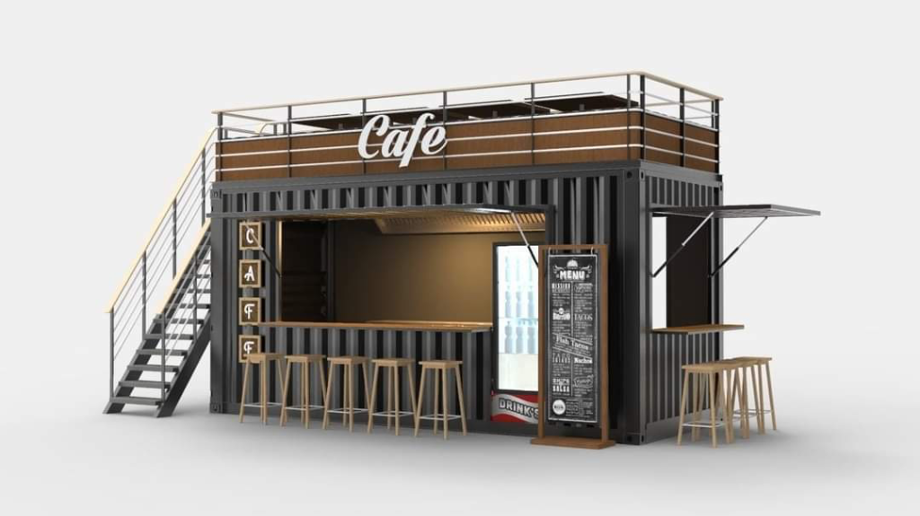 Proposed shipping container cafe with custom features - 3D concept render by T&T