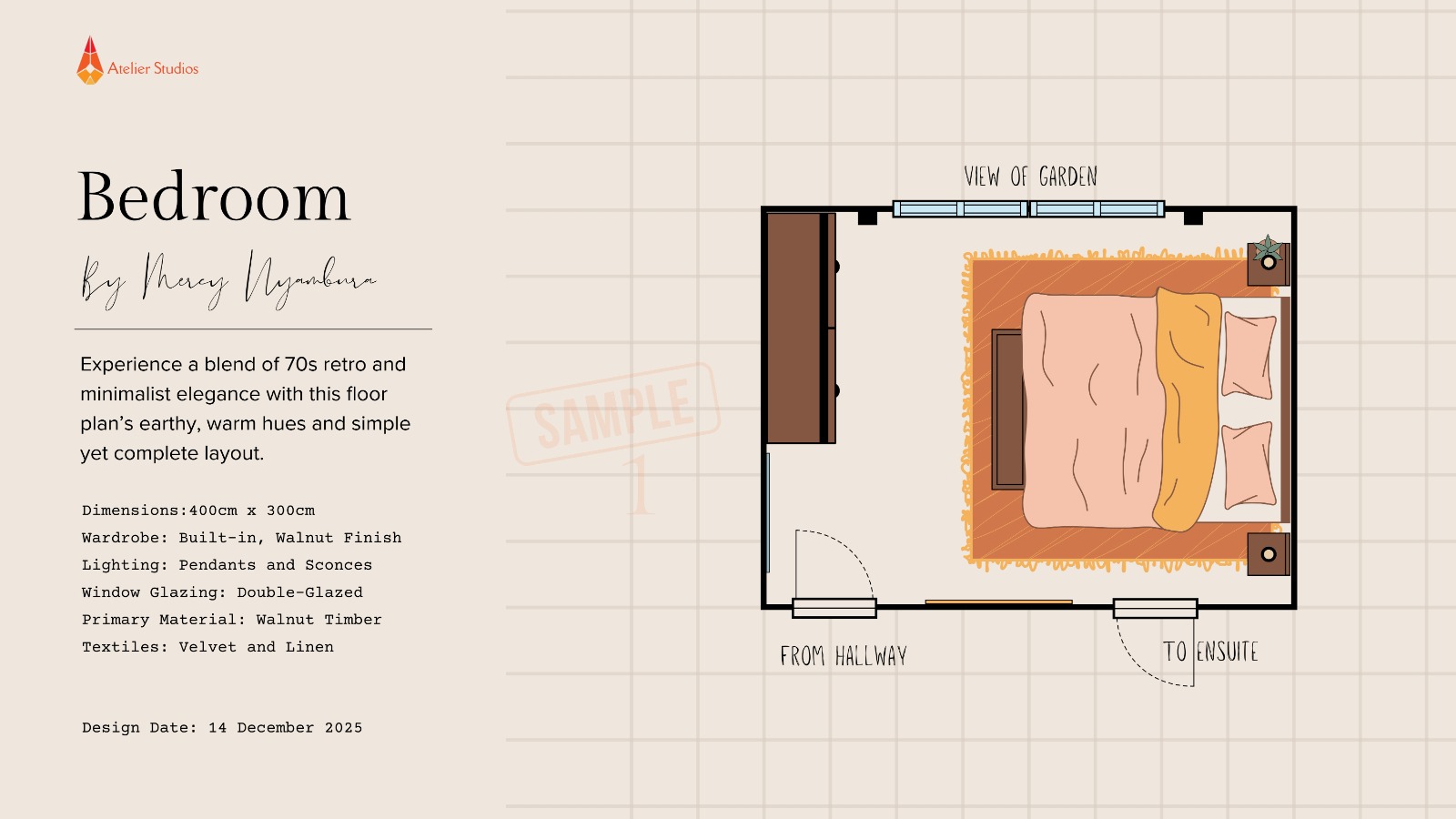 Detailed architectural working drawing showing 400cm by 300cm bedroom floor plan with dimensions and joinery specifications