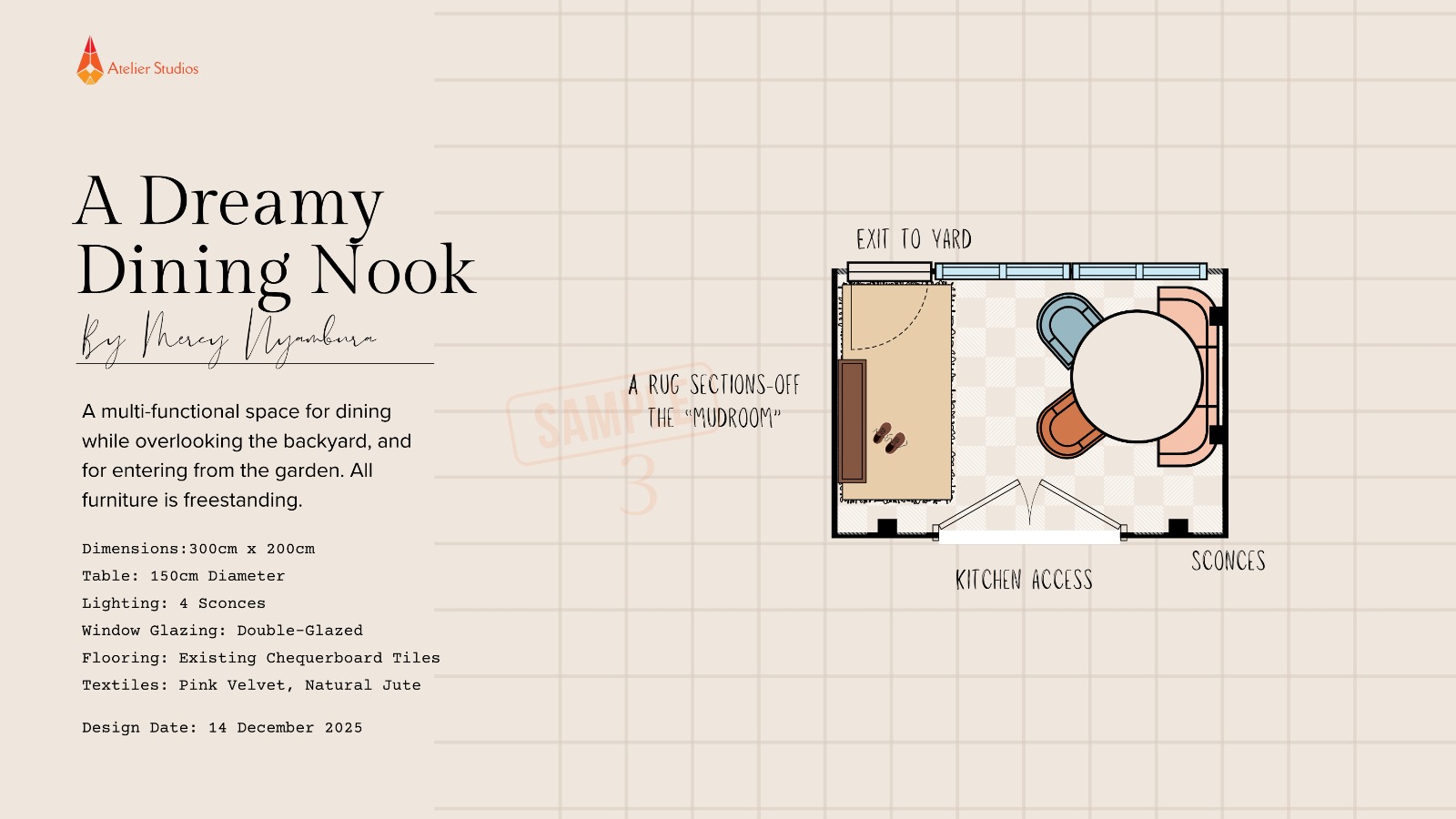 Multifunctional dining nook and mudroom architectural spatial drawing