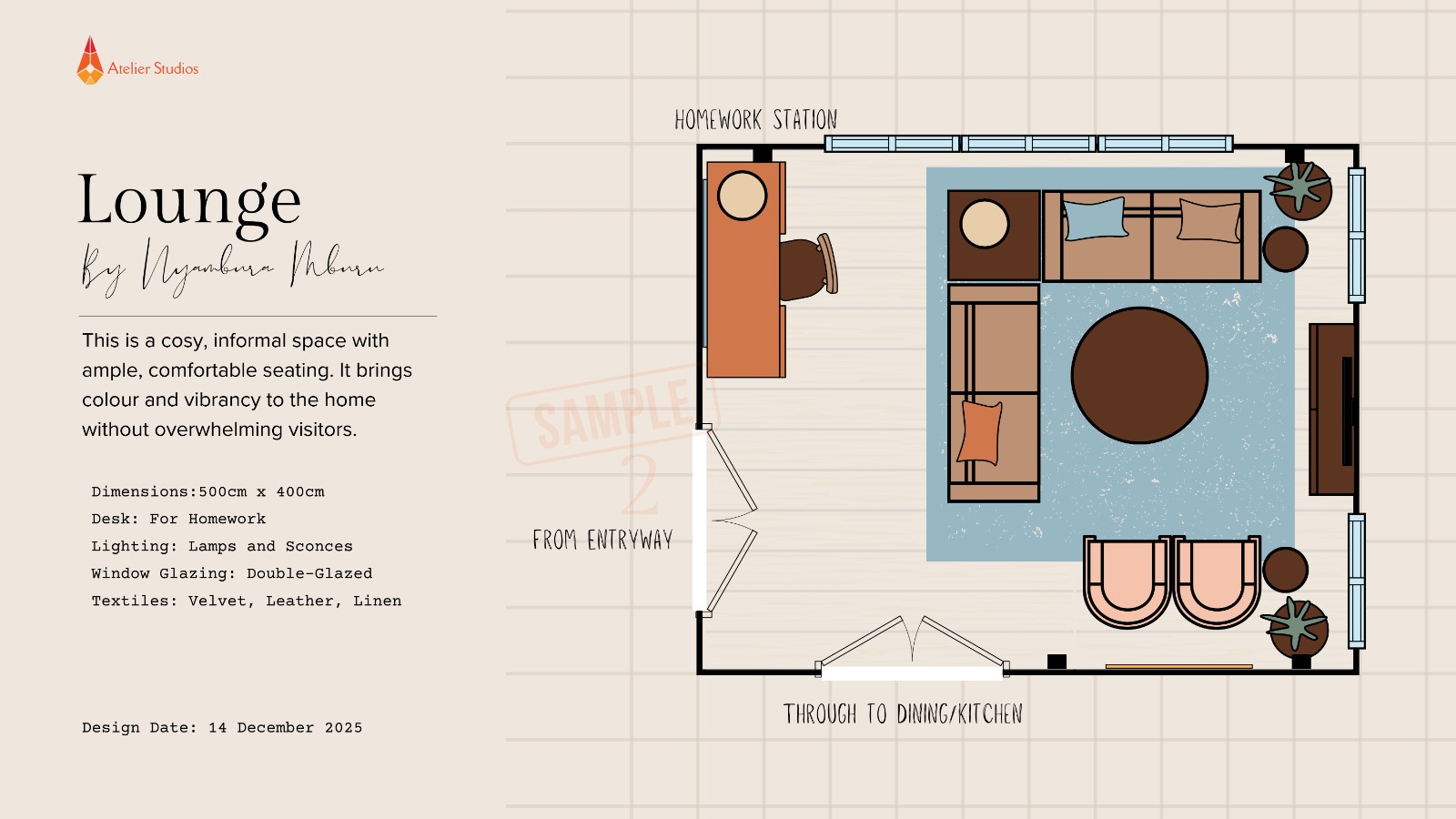 Living lounge and homework station dimensioned working plan
